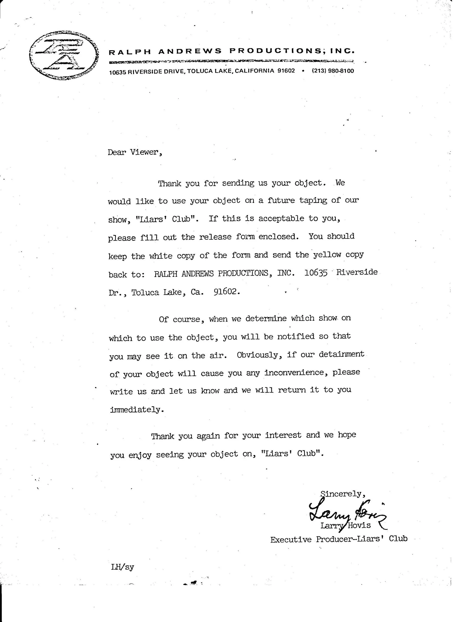 Ralph Andrews Productions Letter
